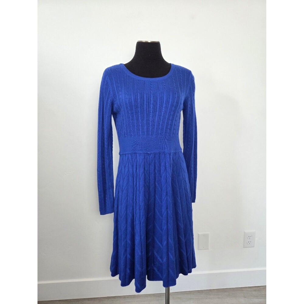 Eliza J Cobalt Blue Cable Knit Midi Dress Chevron Long Sleeve Modest Teacher M